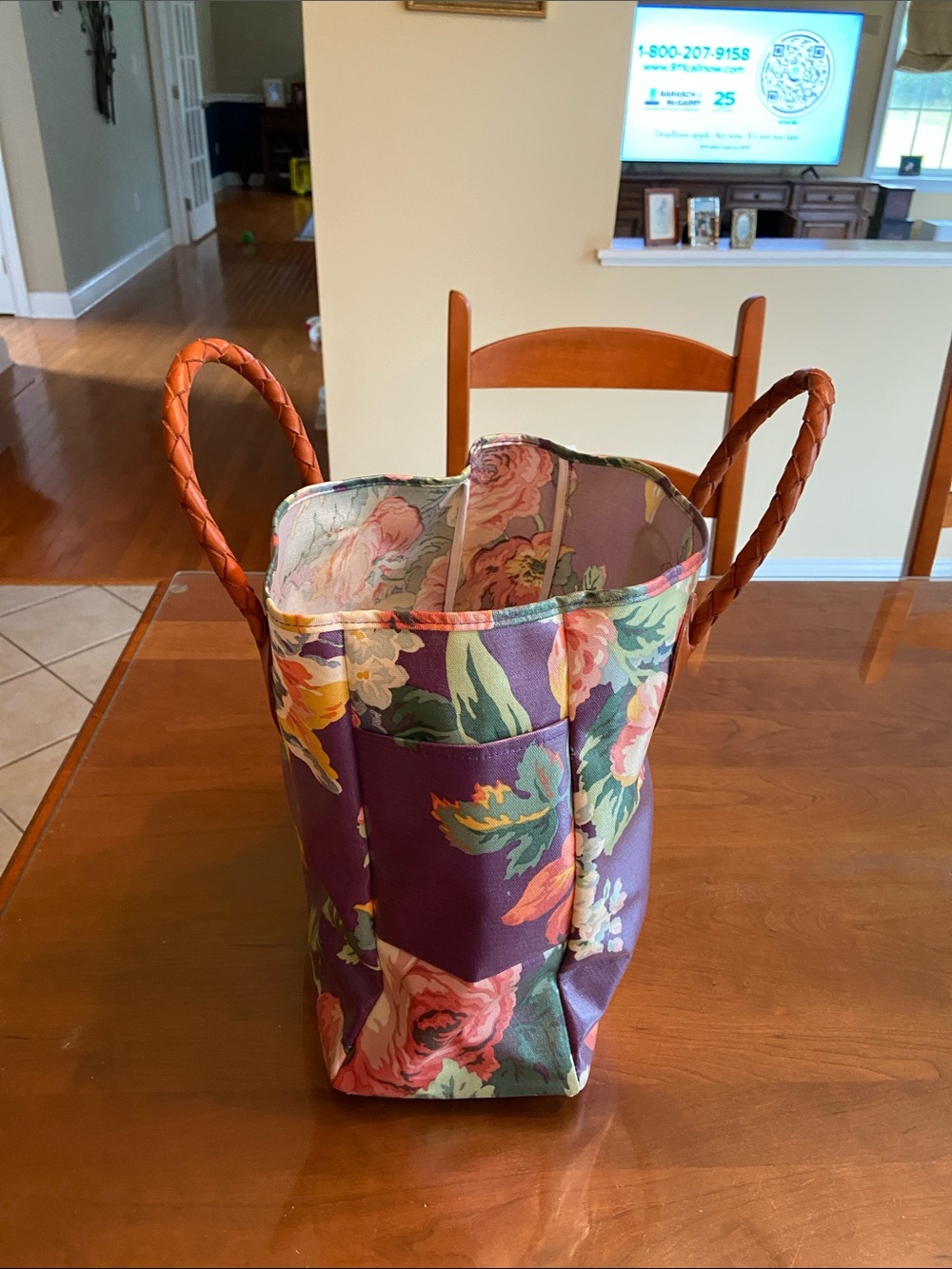 Vintage Nordic House Designs Purple Floral Tote. Braided Leather Handles.